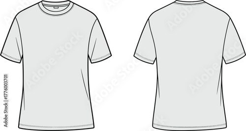 Blank unisex crew neck t-shirt front and back flat sketch template for fashion design, apparel mockup and clothing illustration
