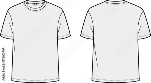 Classic short sleeve crew neck t-shirt fashion flat sketch front and back technical clothing vector template for apparel design