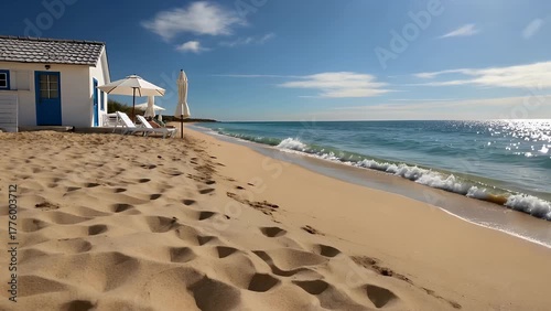 property available for temporary lease situated directly adjacent to a large body of salt water  ideal for warm-weather holidays  depicted beneath a clear