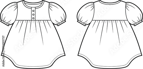 Adorable baby dress technical flat sketch, puff sleeve cute design, professional CAD fashion vector illustration for kidswear designers and apparel production