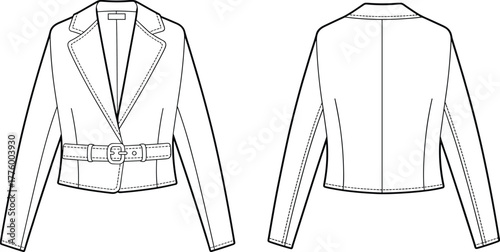 Elegant women’s tailored cropped jacket fashion flat sketch with belt, lapel collar, long sleeves and detailed sewing lines illustration