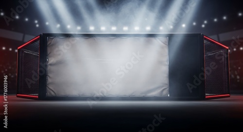 Mma Cage in Arena with Smoke and Lights