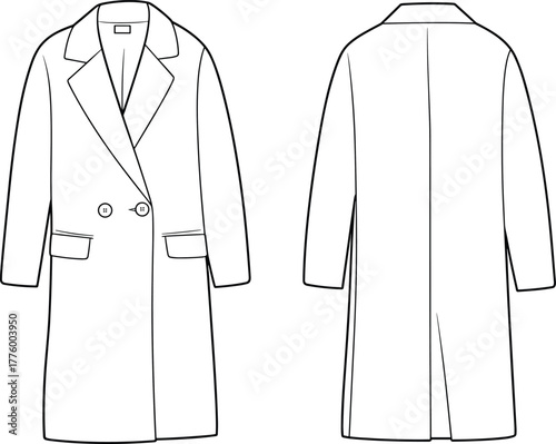 Elegant long trench coat fashion flat sketch front and back technical drawing, classic outerwear design template for apparel pattern making