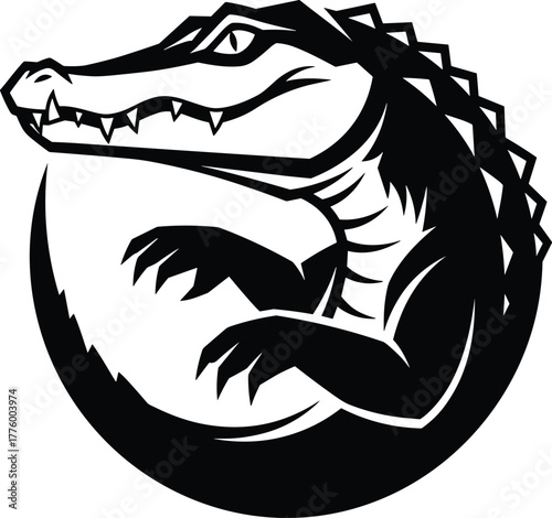 Alligator mascot logo in black and white, aggressive crocodile illustration, vector reptile design for sports, branding, and merchandise use