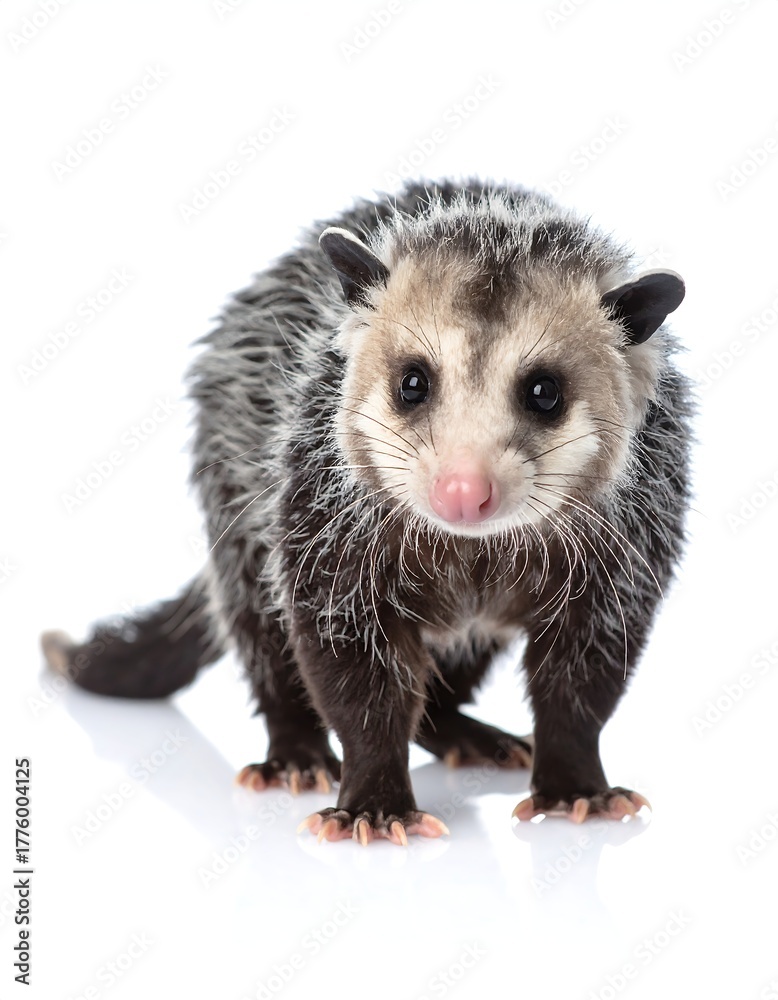 Fototapeta premium Front-facing portrait of a gray and white marsupial with a pink nose
