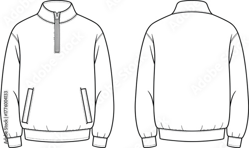 Half zip pullover sweatshirt front and back view fashion flat sketch technical clothing vector template casual sporty apparel design