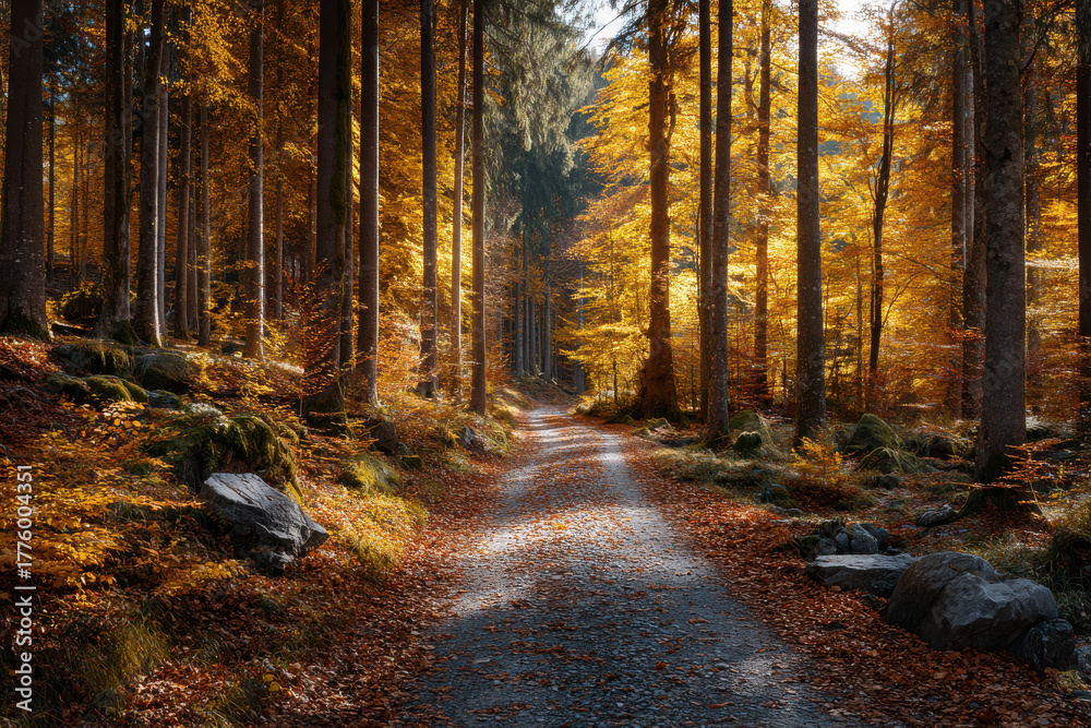 Obraz premium Autumn forest trail with vibrant orange and yellow leaves