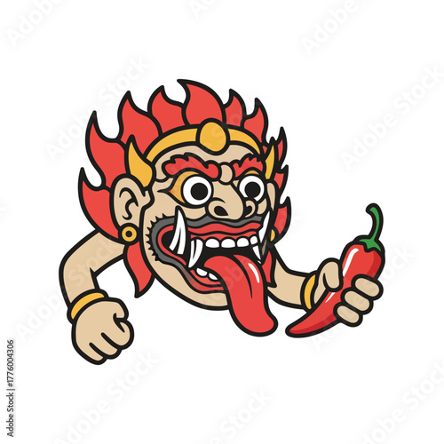A cartoon illustration of a mythical Asian demon with fiery hair holding a hot red chili pepper.