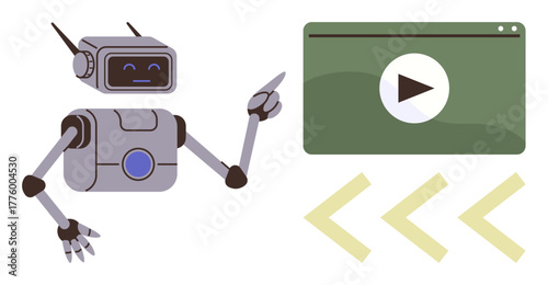 Humanoid robot pointing at a green browser window with a play button and directional arrows. Ideal for AI, technology, automation, education, tutorials, innovation, future concepts. Simple flat