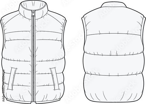 Puffer vest fashion flat sketch vector illustration front and back view quilted sleeveless jacket technical template for apparel design