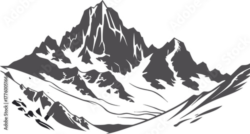 Rugged Monochromatic Alpine Mountain Range Vector Illustration

