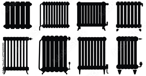 Cast Iron Radiators Silhouette Collection — Ideal for Interior Design Plans, Home Renovation Mockups, Heating Equipment Illustrations, Retro Decor Projects, Technical Drawings, and Digital Graphics