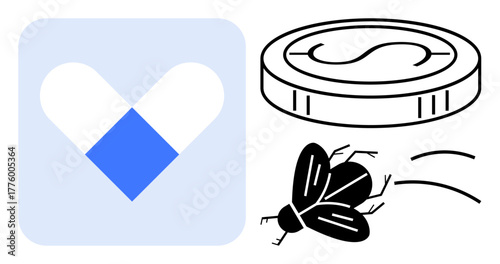 Heart-shaped pill symbolizing health, flying insect representing issues or distractions, and coin indicating cost or financial concerns. Ideal for healthcare, economics, health costs, challenges