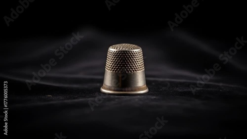 Vintage Metal Thimble on Dark Velvet Fabric, Sewing Tool Close-Up Video