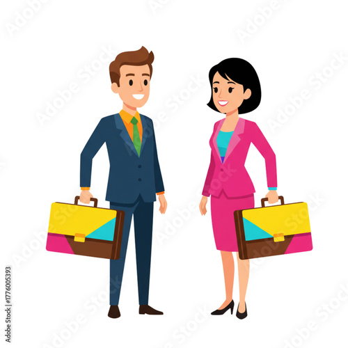 Young businesswoman and businessman smiling with briefcases in hand  