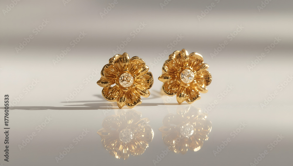 Naklejka premium Two golden flower earrings with a central gemstone, displayed on a reflective surface under soft lighting.