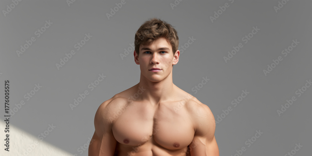 Fototapeta premium Athletic Young Man Posing in Minimalist Studio Background