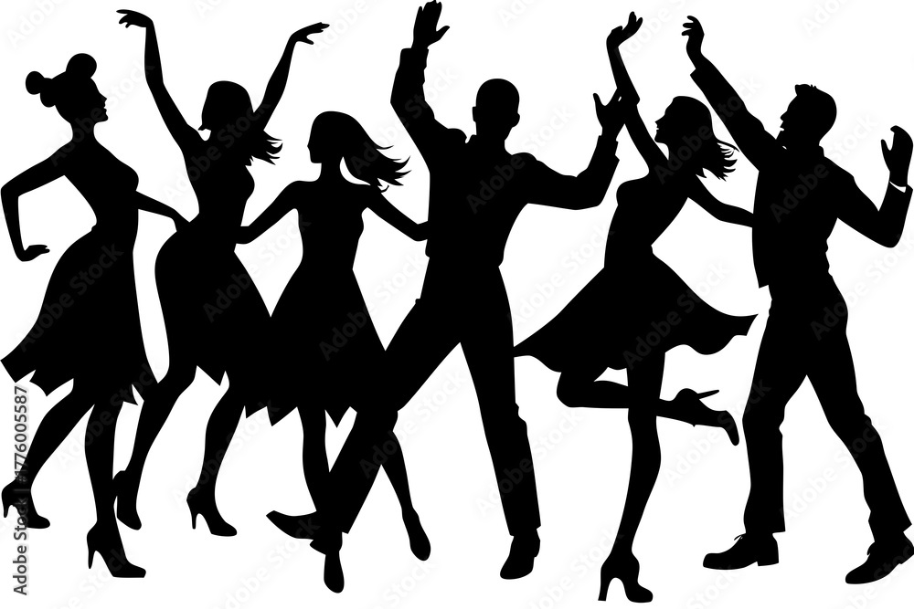 Fototapeta premium Dancing people silhouette celebrating New Year, vector illustration isolated on white background