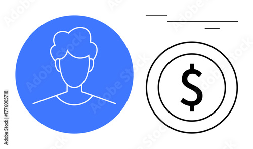 Minimalistic design of a human avatar in a blue circle beside a dollar sign in a black circle. Ideal for business, finance, user profiles, banking, budgeting, economy, app UI. Simple flat metaphor