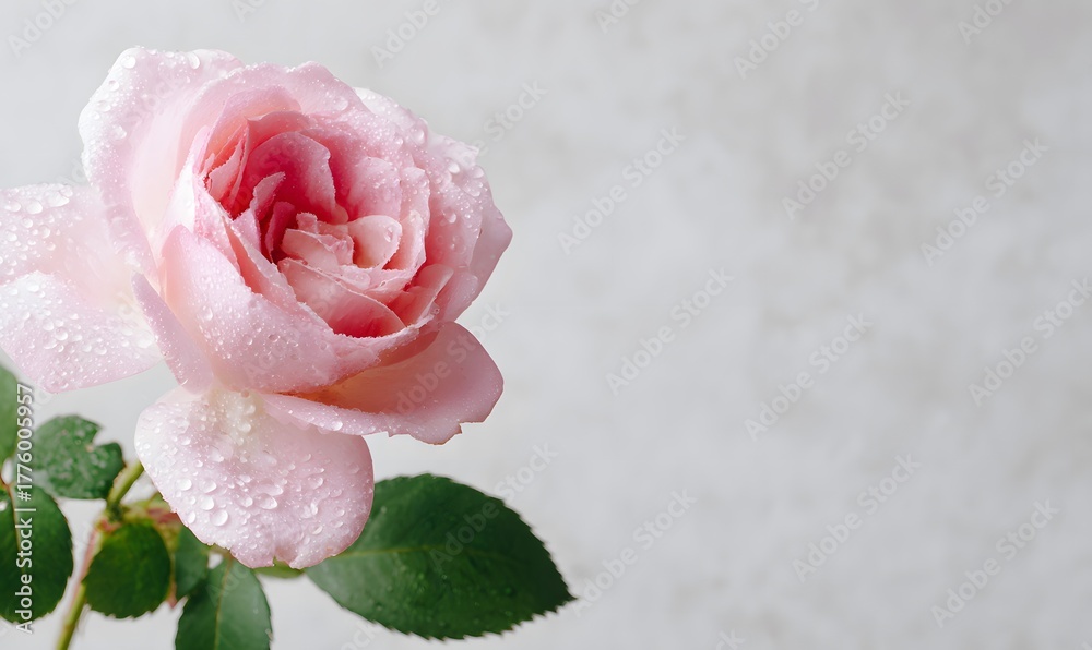 Fototapeta premium A one poses pink rose with peony rose light soft pink roses, dew on the petals