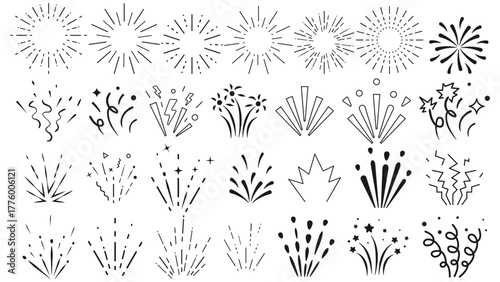 Set of vector line icons representing fireworks, confetti, and celebration bursts in modern minimal style. Minimal decorative vector shapes of confetti, fireworks, and star bursts for graphic.