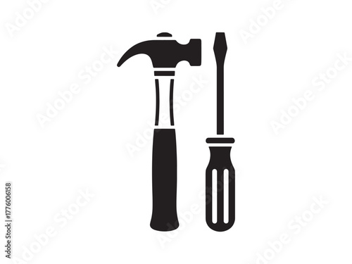 Illustration of a black hammer and a screwdriver on a white background in simple style