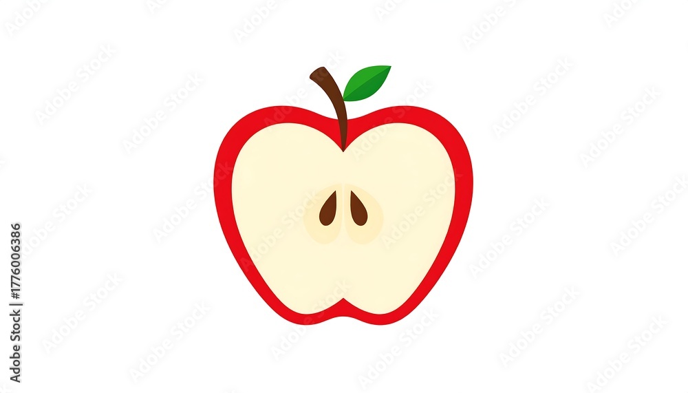 Fototapeta premium A flat, simplified illustration of a halved red apple, showing the inner flesh, seeds, stem, and a small leaf