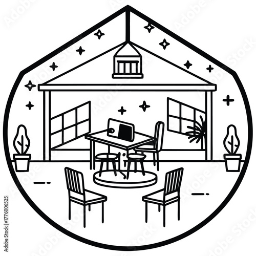 Modern coworking space interior graphic with multiple workstations for collaboration and productivity