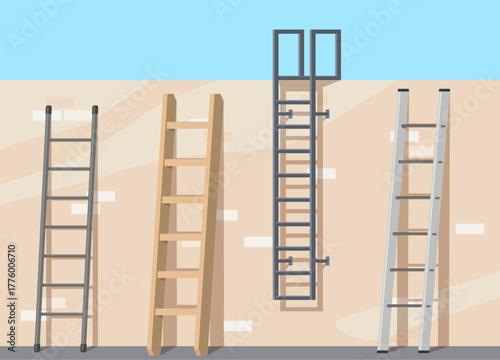 Ladders against wall. False and suspended stairs, various wooden and metal devices, brick wall, overcoming obstacles, household and renovation inventory qualitative vector flat style concept