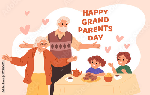 Happy grandparents day poster. Grandfather and grandmother drinking tea with cute children, funny family poster, relatives, grandchildren cartoon flat style isolated garish vector concept
