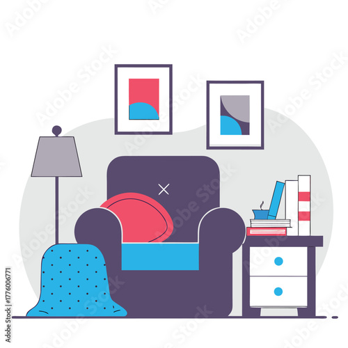 Cozy corner setup with cushions and side table, isolated with minimalist design elements