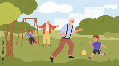 Grandparents with grandchildren. Happy family walking, old people playing with children in park, grandfather playing ball with little boy, grandma riding girl on swing, garish vector concept