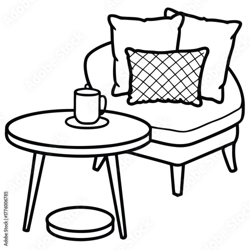 Cozy Lounge Area with Armchair, Coffee Table, and Pillows Line Art Illustration
