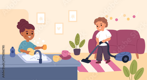 Funny children clean house. Brother and sister cleaning up, girl washing dishes, boy vacuums carpet, household chores, housekeeper activity cartoon flat isolated garish vector concept