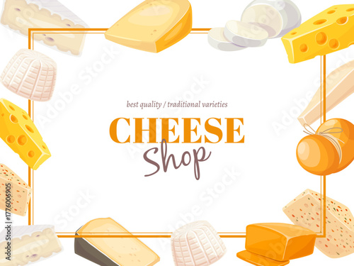Cheese types frame. Delicious food border, dairy products of different grades, brie, maasdam, mozzarella and parmesan, organic quality various cooking ingredients, classy vector concept