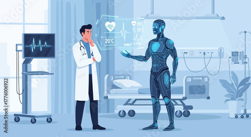 Futuristic healthcare scenario: Doctor consulting with an advanced medical robot