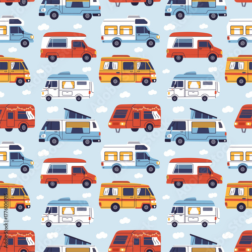 Cartoon camper seamless pattern. Different types summer trip transport, caravans, trucks, vans, mobile road homes. Textile, wrapping paper, wallpaper. Print for fabric garish vector background