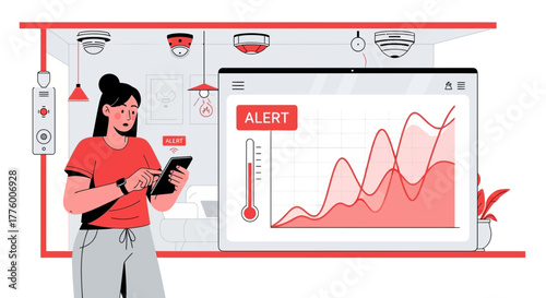 Smart home technology, monitoring system with woman using tablet for control