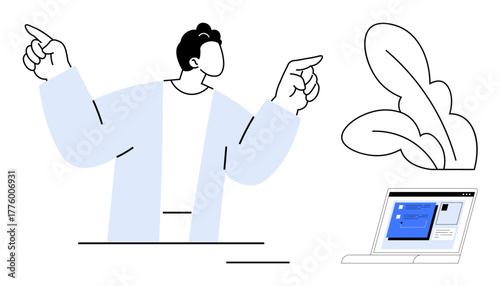 Confident man gesturing animatedly with open laptop displaying content and abstract plant shapes. Ideal for presentations, communication, business, teaching, teamwork, innovation, leadership. A