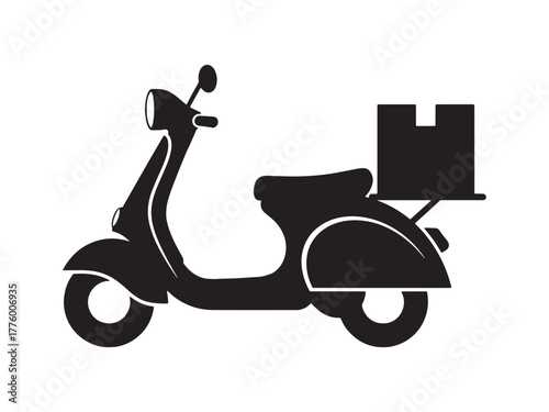 A black and white illustration of a scooter with a delivery box attached to the back seat .Motorcycle Electric bike icon black color vector. Motorcycle silhouette icon. Motor scooter. Vector.
