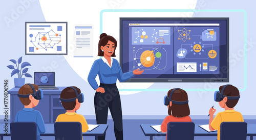 Modern education with virtual reality technology and interactive learning in classroom