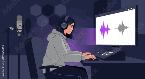Young audio engineer working in recording studio on computer, producing audio track