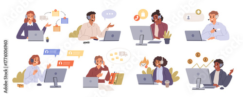 Call center workers. Online consultations, support service, people talking on headset, operators in touch with customers, man and woman on workplace, garish vector cartoon isolated set