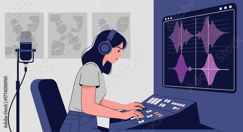 Female sound engineer at her home recording studio working on a podcast