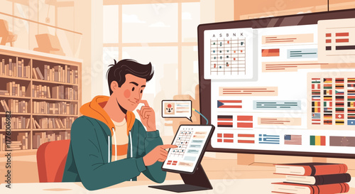 Young man learning online with a tablet in a library with digital resources