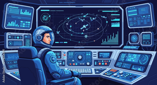 Illustration of a diligent astronaut working on a spaceship control panel