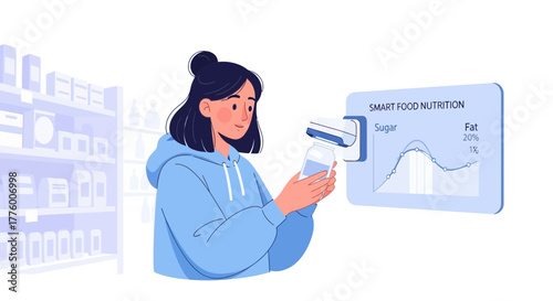 Woman scans food product with smart scanner to check its nutritional value
