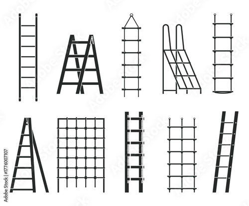 Step ladders icons. Silhouette black stairs, different types, sliding, side mounted, suspended, construction foldable ladders and sport equipment, isolated stairway qualitative vector set