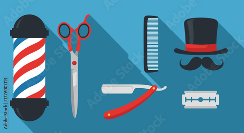 A flat design illustration of classic barber tools and accessories against a blue background.