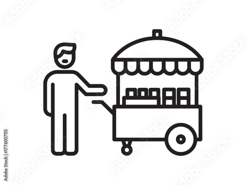 Illustration of a person reaching for a food cart with a canopy and visible merchandise items . Street Food Vendor Icon. 